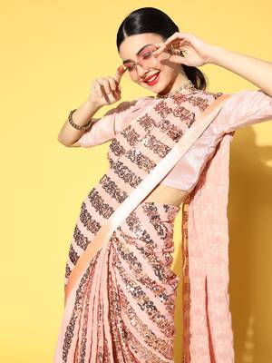 Peach Plain Georgette Saree With Blouse 4