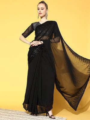 Black plain georgette saree with blouse 1