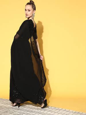 Black plain georgette saree with blouse 2