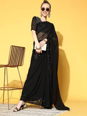 Black plain georgette saree with blouse 3