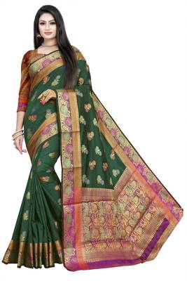 Dark green woven art silk sarees saree with blouse 1