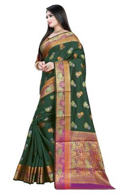 Dark green woven art silk sarees saree with blouse 3