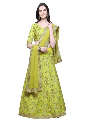 Green Embroidered Thai Silk  Semi Stitched Lehenga Choli 1