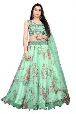 Green Heavy Work Organza Silk  Semi Stitched Lehenga Choli 1