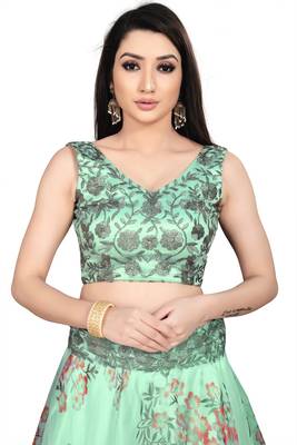 Green Heavy Work Organza Silk  Semi Stitched Lehenga Choli 3