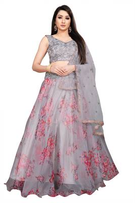 Grey Heavy Work Organza Silk  Semi Stitched Lehenga Choli 1