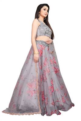 Grey Heavy Work Organza Silk  Semi Stitched Lehenga Choli 3