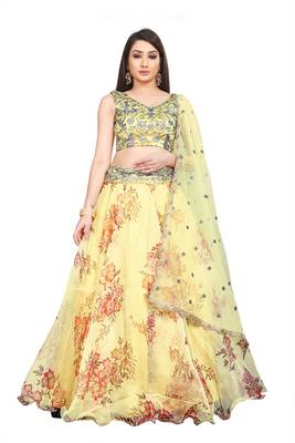 Yellow Heavy Work Organza Silk  Semi Stitched Lehenga Choli 1