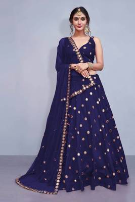 Blue Embroidered Satin  Semi Stitched Lehenga Choli 1