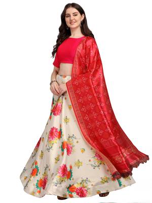 Biege Digital Print Gota Satin / Silk Blend  Semi Stitched Lehenga Choli 1