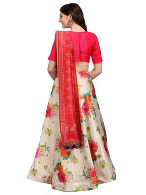 Biege Digital Print Gota Satin / Silk Blend  Semi Stitched Lehenga Choli 2