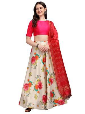 Biege Digital Print Gota Satin / Silk Blend  Semi Stitched Lehenga Choli 3
