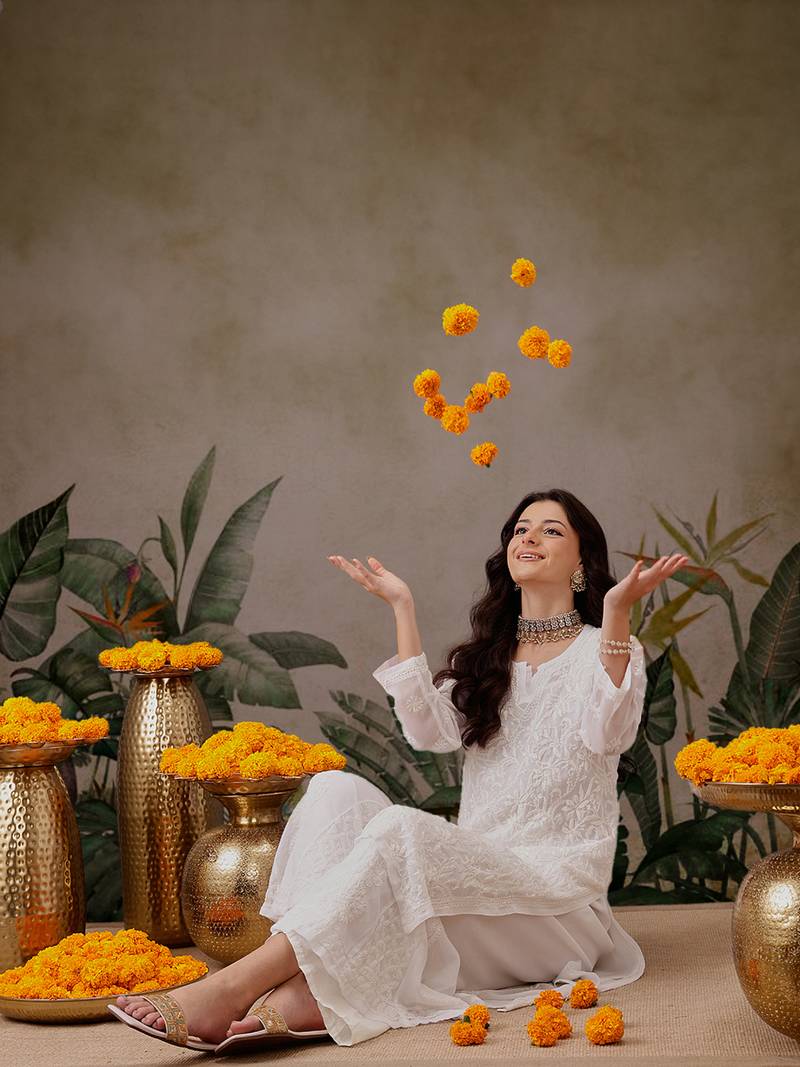 Hand Embroidered White Faux Georgette Lucknow Chikankari Kurta With Slip For Women