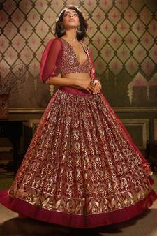 Maroon Color Fancy Net Lehenga Choli Dupatta