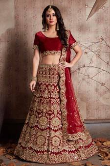 Maroon Velvet Mirror Work Lehenga Choli With Dupatta