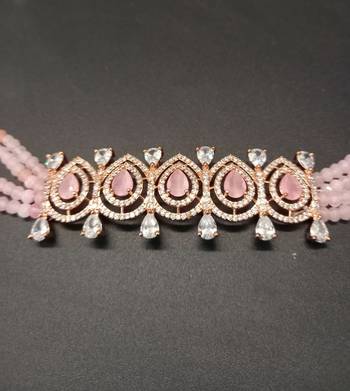 Pink American Diamond Choker Designer Jewellery Necklace with Onyx Beading for Women 2