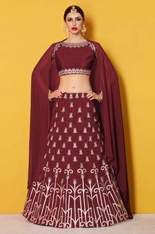 Maroon Art Silk Zari Work Lehenga Choli Plain Dupatta