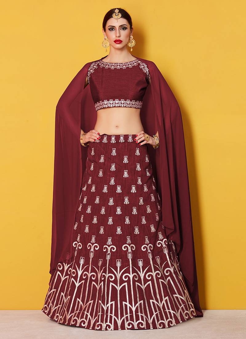 Maroon Art Silk Zari Work Lehenga Choli Plain Dupatta