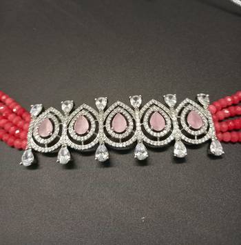 Pink American Diamond Choker Designer Jewellery Necklace with Onyx Beading for Women 2