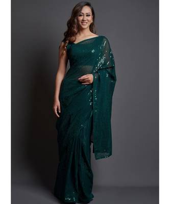 Dark Green Georgette Sequins Work Saree with blouse 1