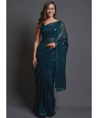 Dark Teal Georgette Sequins Work Saree with blouse 1