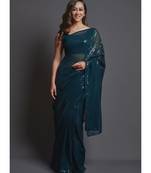 Dark Teal Georgette Sequins Work Saree with blouse