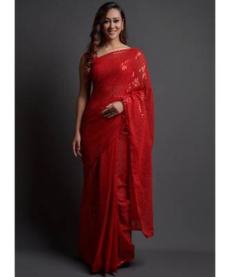 Red Georgette Sequins Work Saree with blouse 1