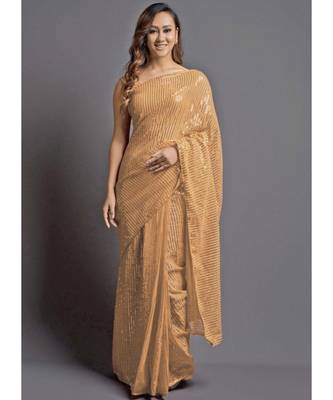 Cream Georgette Sequins Work Saree with blouse 1