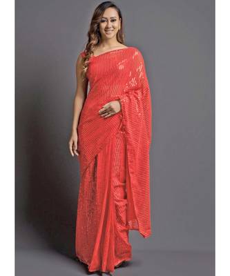 Dark Peach Georgette Sequins Work Saree With Blouse 1