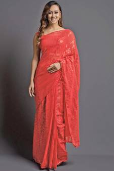 Dark Peach Georgette Sequins Work Saree With Blouse