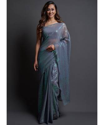 Grey Georgette Sequins Work Saree with blouse 1