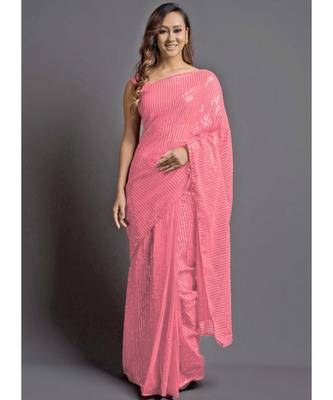 Dark Pink Georgette Sequins Work Saree with blouse 1