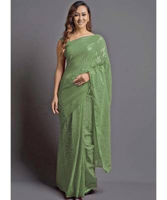 Sea Green Georgette Sequins Work Saree with blouse 1