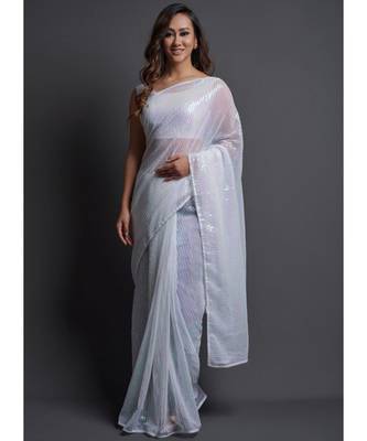 Off White Georgette Sequins Work Saree with blouse 1