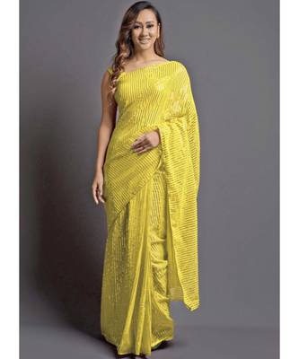 Yellow Georgette Sequins Work Saree with blouse 1