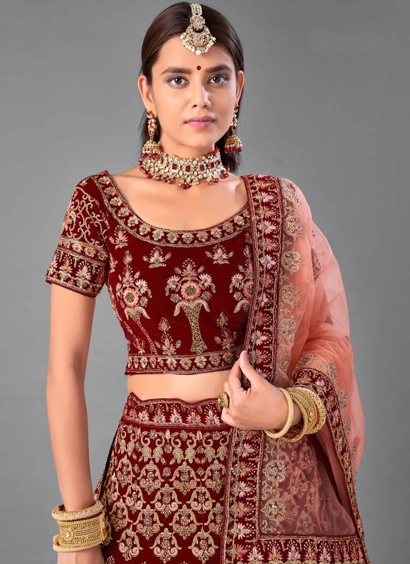 Maroon Velvet Base Lehenga Choli