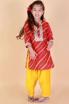 Red   Yellow Leheriya Print Kurti Salwar Suit