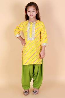 Yellow   Green Leheriya Print Kurti Salwar Suit