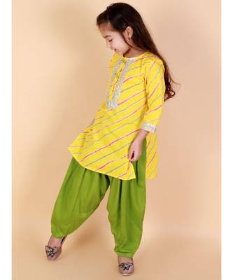 Yellow   Green Leheriya Print Kurti Salwar Suit 3