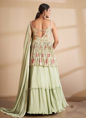 Pista Color Mirror Work Long Lehenga Choli With Soft Net Dupatta Set 3