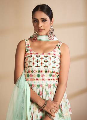 Sea green Color Soft Material Gota Work Long Lehenga Choli With Dupatta 3