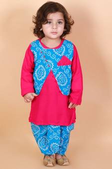 Sky blue   pink Tie-Dye kurta dhoti with attached jacket