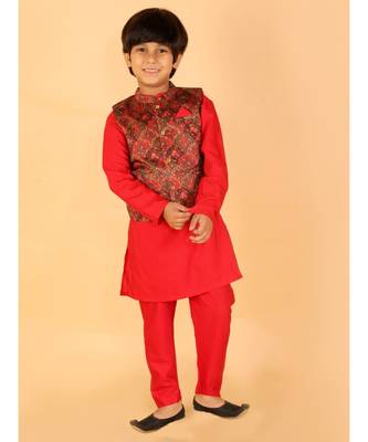 Red Festive Kurta Pyjama With Printed Jacket 1