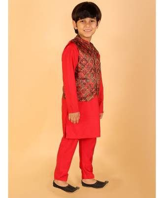 Red Festive Kurta Pyjama With Printed Jacket 2