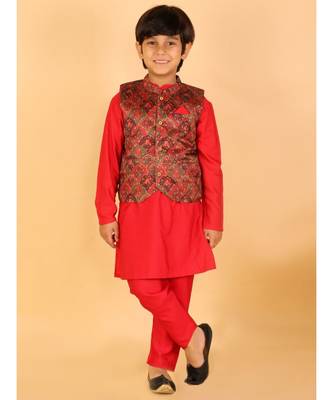 Red Festive Kurta Pyjama With Printed Jacket 3