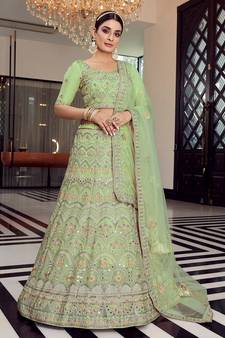 Pista Color organza Base Mirron & plain Work Lehenga Choli With Dupatta