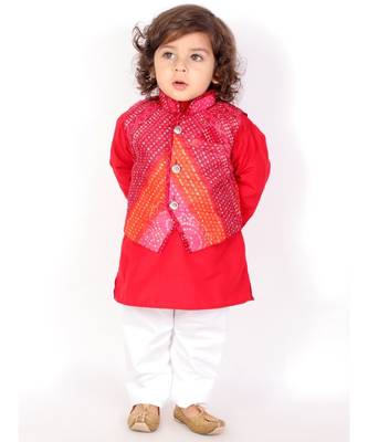 Red Bandhani Print Jacket with  Kurta Pajama 1