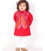 Red Bandhani Print Jacket with  Kurta Pajama