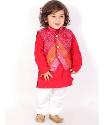Red Bandhani Print Jacket with  Kurta Pajama 2