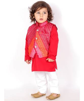 Red Bandhani Print Jacket with  Kurta Pajama 3